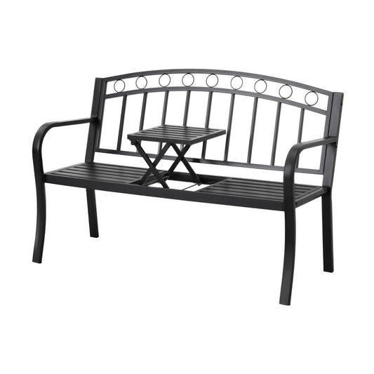 Gardeon Foldable Steel Loveseat Bench with Table - Black Patio Furniture