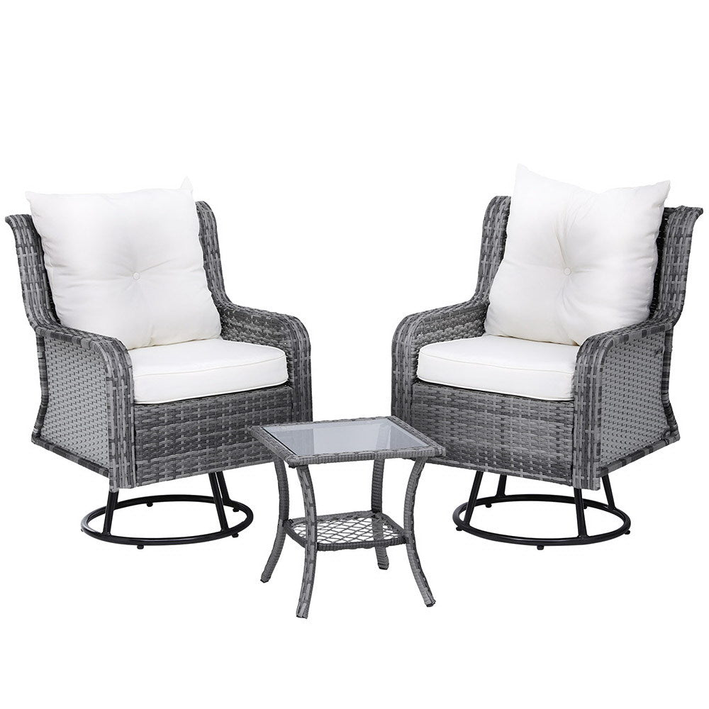 Gardeon 3PC Outdoor Furniture Bistro Set - Wicker Swivel Chairs, Table & Cushions - Grey