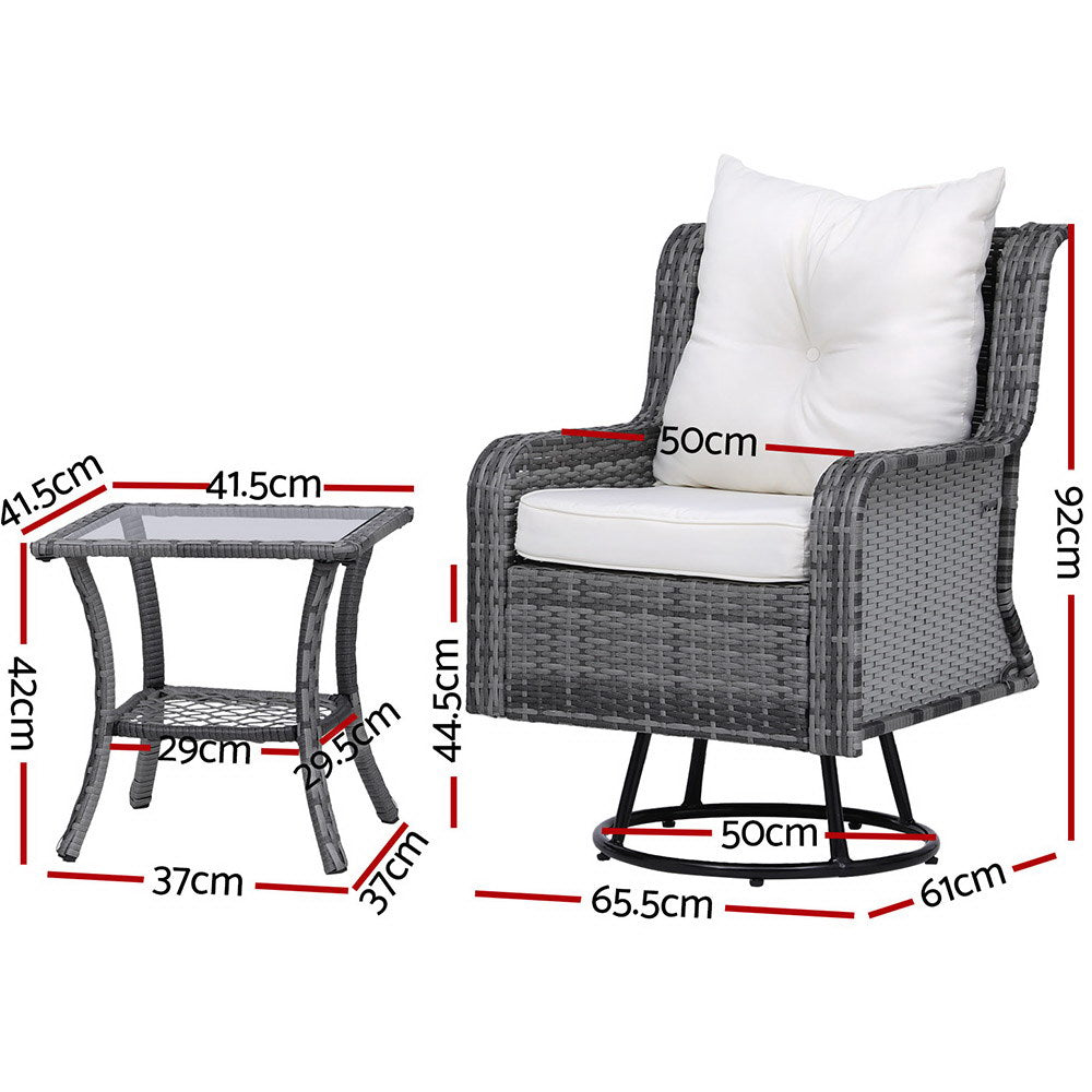 Gardeon 3PC Outdoor Furniture Bistro Set - Wicker Swivel Chairs, Table & Cushions - Grey