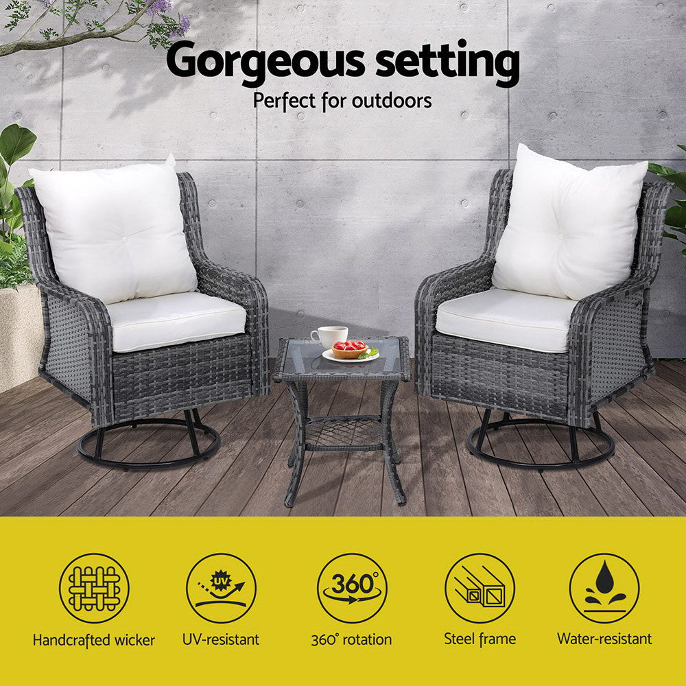 Gardeon 3PC Outdoor Furniture Bistro Set - Wicker Swivel Chairs, Table & Cushions - Grey