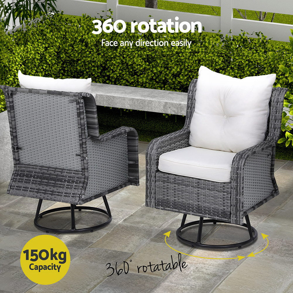 Gardeon 3PC Outdoor Furniture Bistro Set - Wicker Swivel Chairs, Table & Cushions - Grey