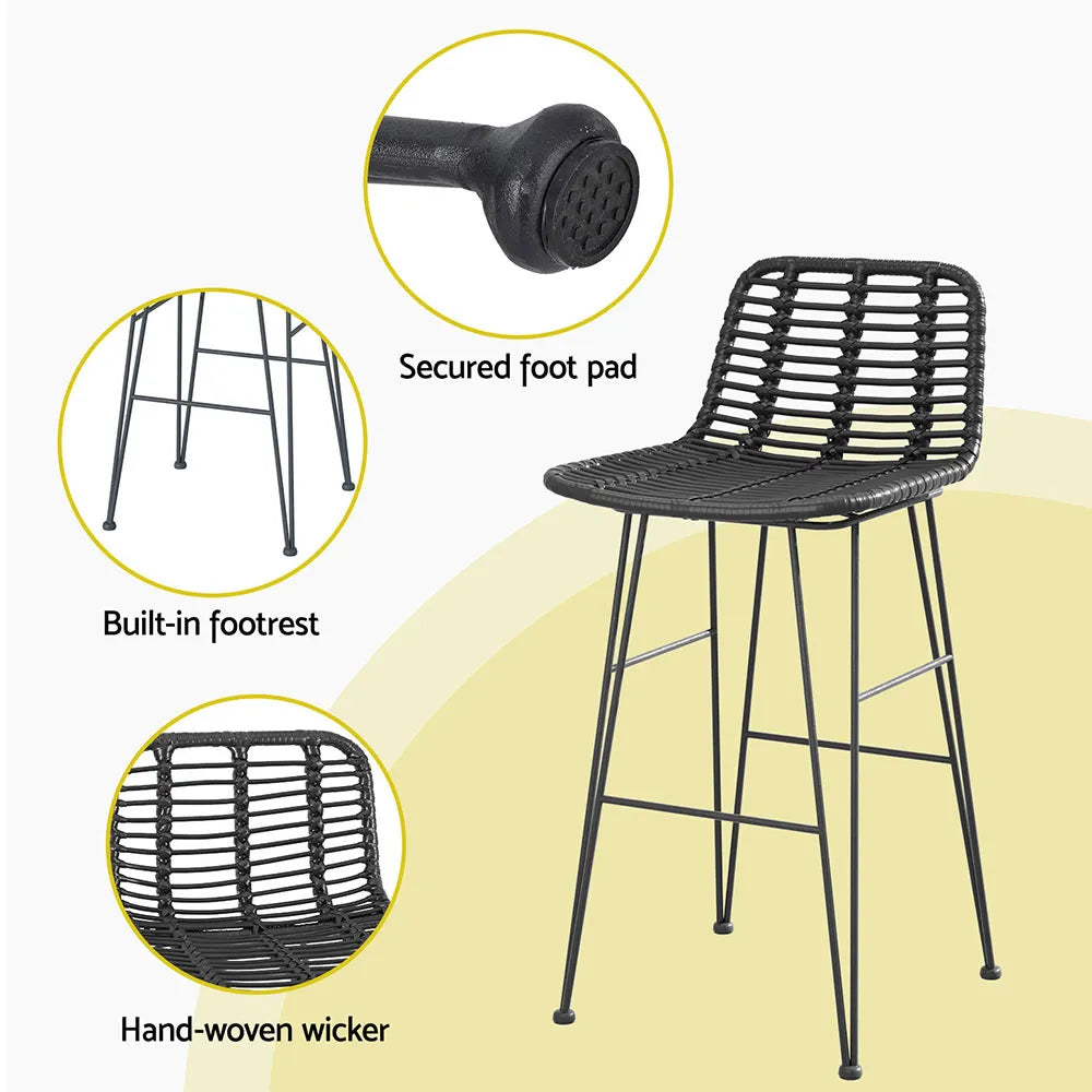 Gardeon 2 Piece Outdoor Bar Stools Wicker Dining Rattan Chair - Black