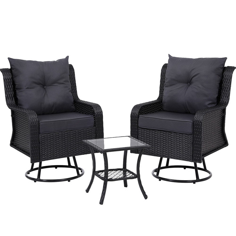 Gardeon 3PC Outdoor Furniture Bistro Set - Wicker Swivel Chairs, Table & Cushions - Black