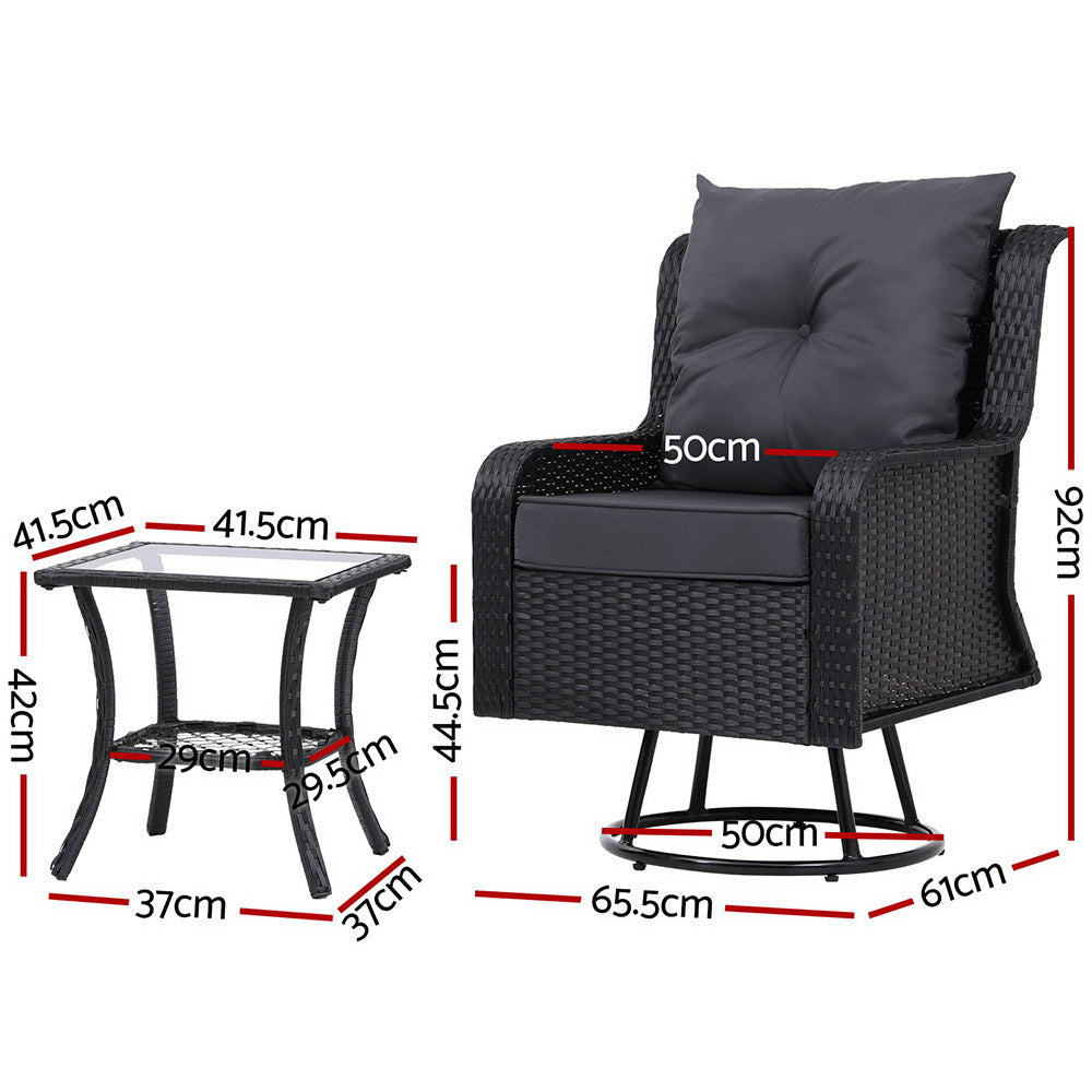 Gardeon 3PC Outdoor Furniture Bistro Set - Wicker Swivel Chairs, Table & Cushions - Black