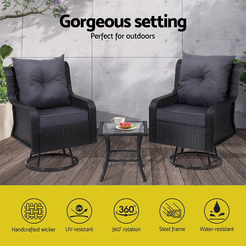 Gardeon 3PC Outdoor Furniture Bistro Set - Wicker Swivel Chairs, Table & Cushions - Black