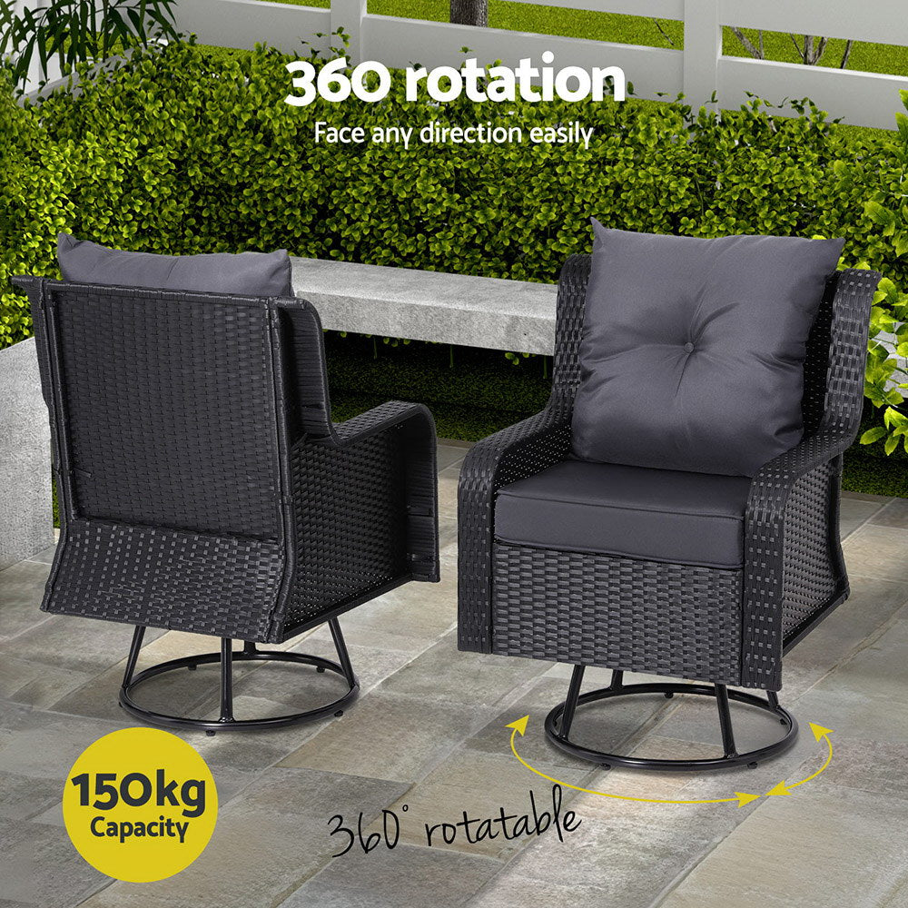 Gardeon 3PC Outdoor Furniture Bistro Set - Wicker Swivel Chairs, Table & Cushions - Black