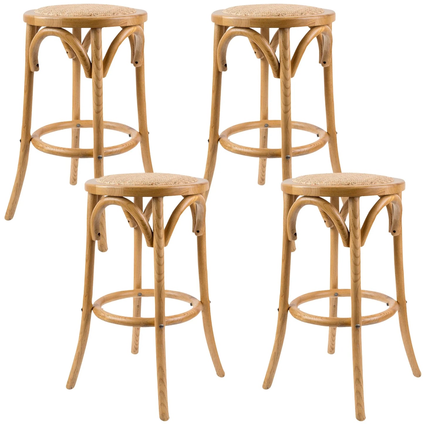 Aster 4pc Round Bar Stools Solid Birch Wood Rattan Seat - Oak