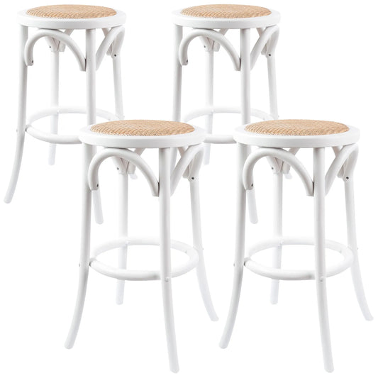 Aster 4pc Round Bar Stools Solid Birch Wood Rattan Seat - White