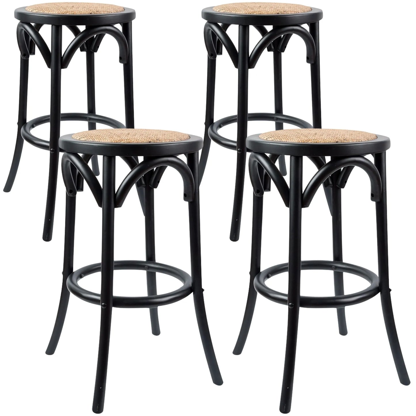 Aster 4pc Round Bar Stools Solid Birch Wood Rattan Seat - Black