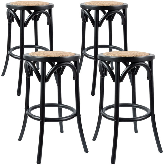 Aster 4pc Round Bar Stools Solid Birch Wood Rattan Seat - Black