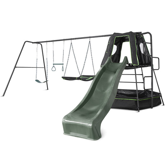 Pallas Play Tower with Metal Swing Set with Green Slide - Lifespan Kids