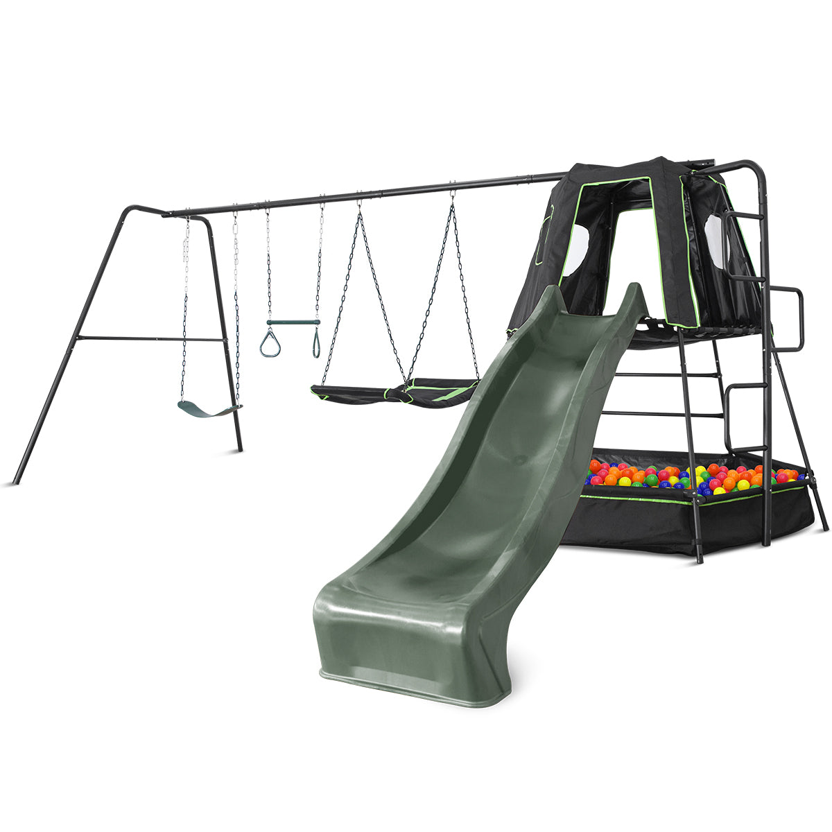 Pallas Play Tower with Metal Swing Set with Green Slide - Lifespan Kids