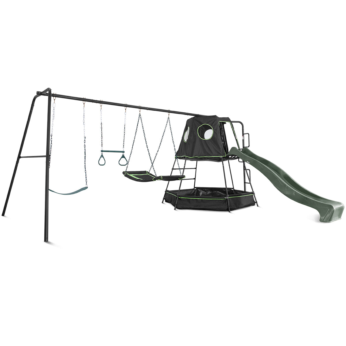 Pallas Play Tower with Metal Swing Set with Green Slide - Lifespan Kids