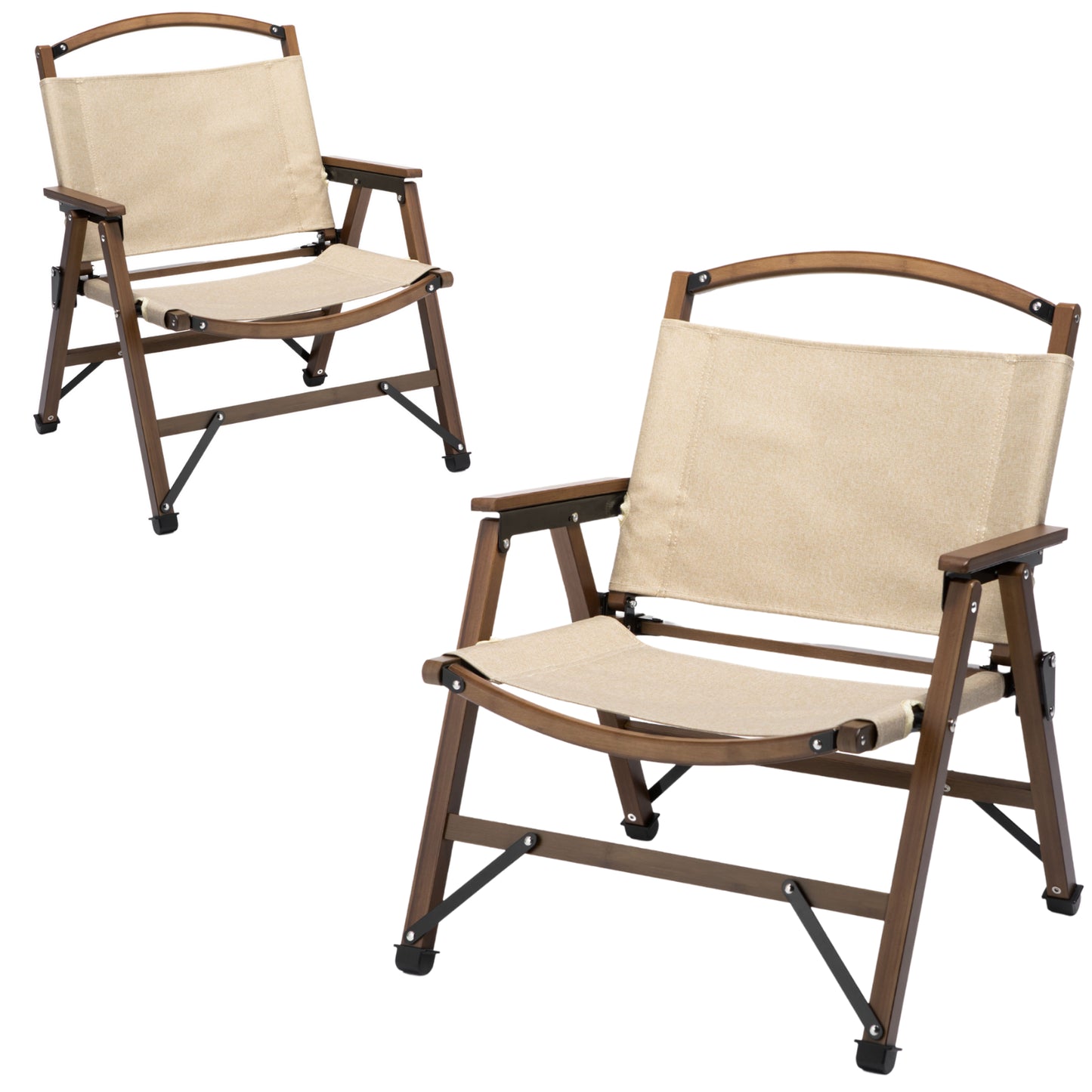 2x Bamboo Foldable Outdoor Camping Chairs - Khaki/Beige