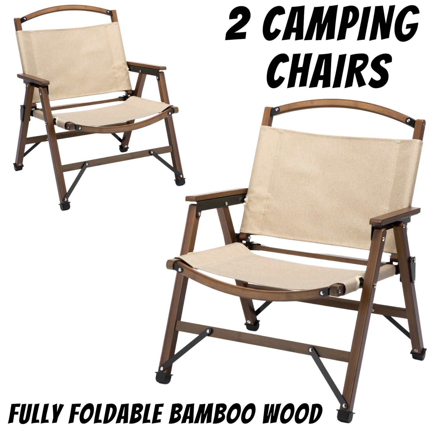 2x Bamboo Foldable Outdoor Camping Chairs - Khaki/Beige