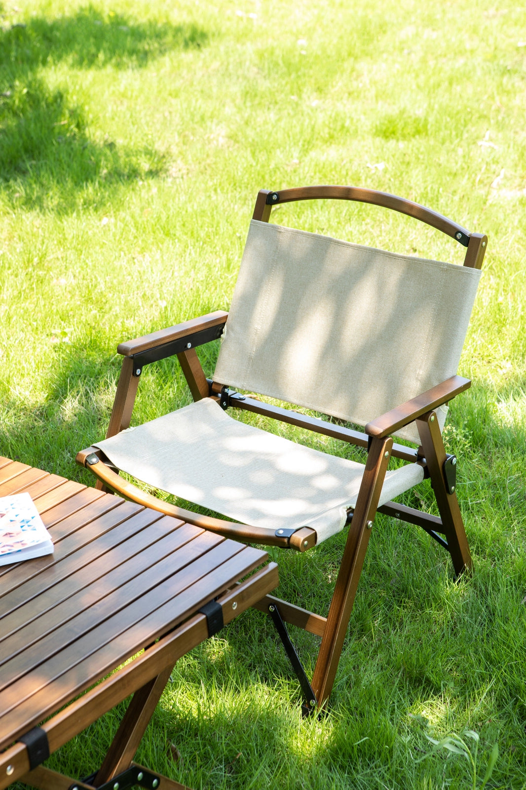 2x Bamboo Foldable Outdoor Camping Chairs - Khaki/Beige